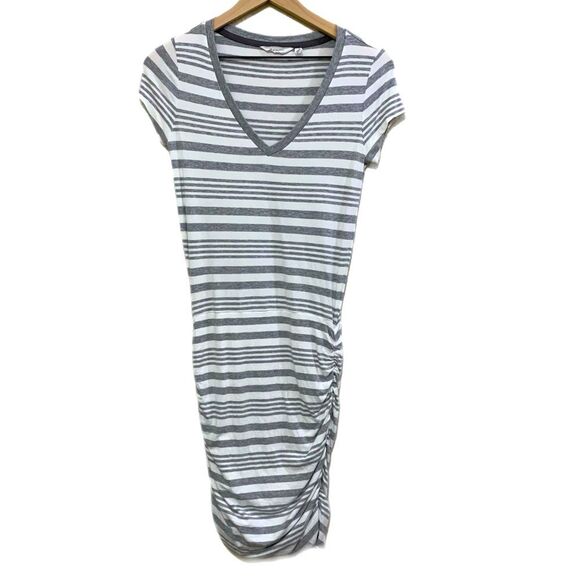 ATHLETA TOPANGA DRESS WOMEN XXS WHITE GRAY STRIP V-NECK SIDE RUCHING MINI. - Picture 2 of 15